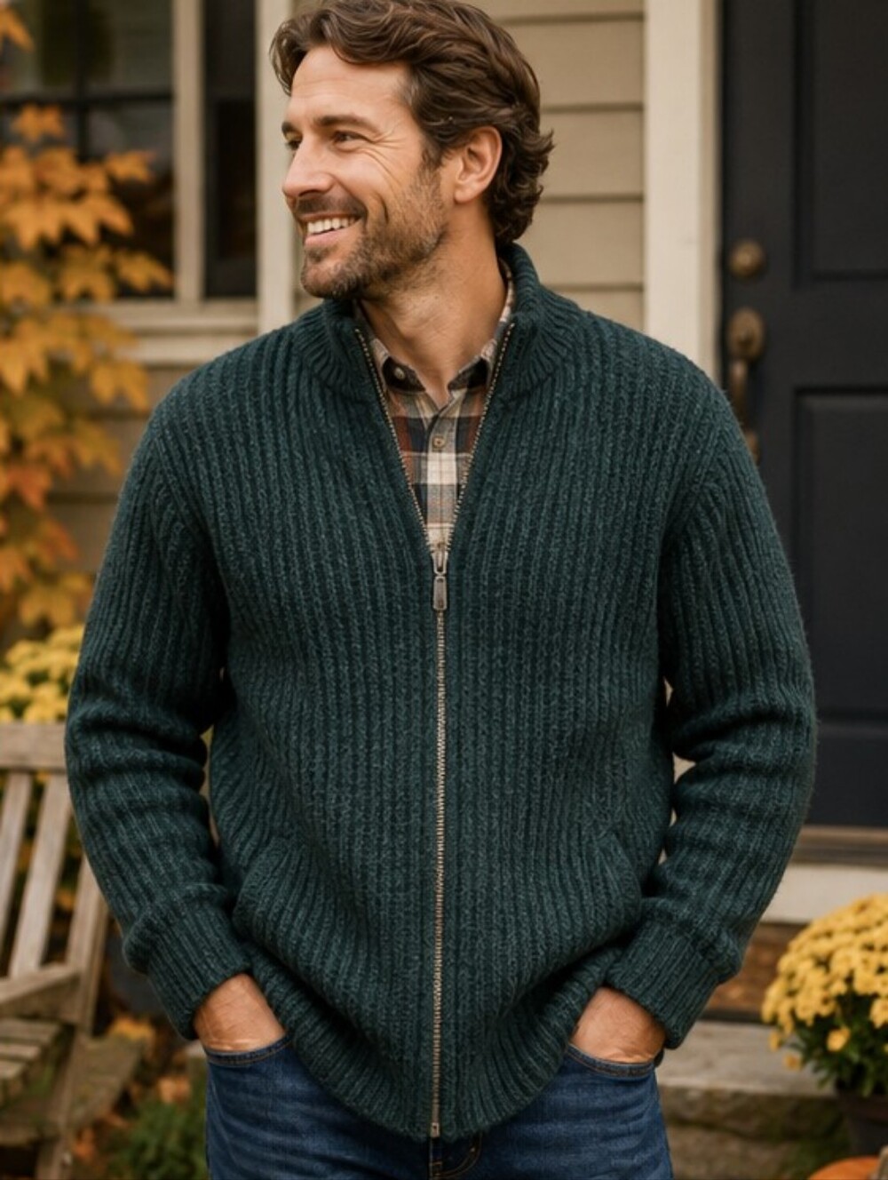 Vintage L.L. Bean Men’s Large Long 100% Wool Full Zip Ribbed Cardigan